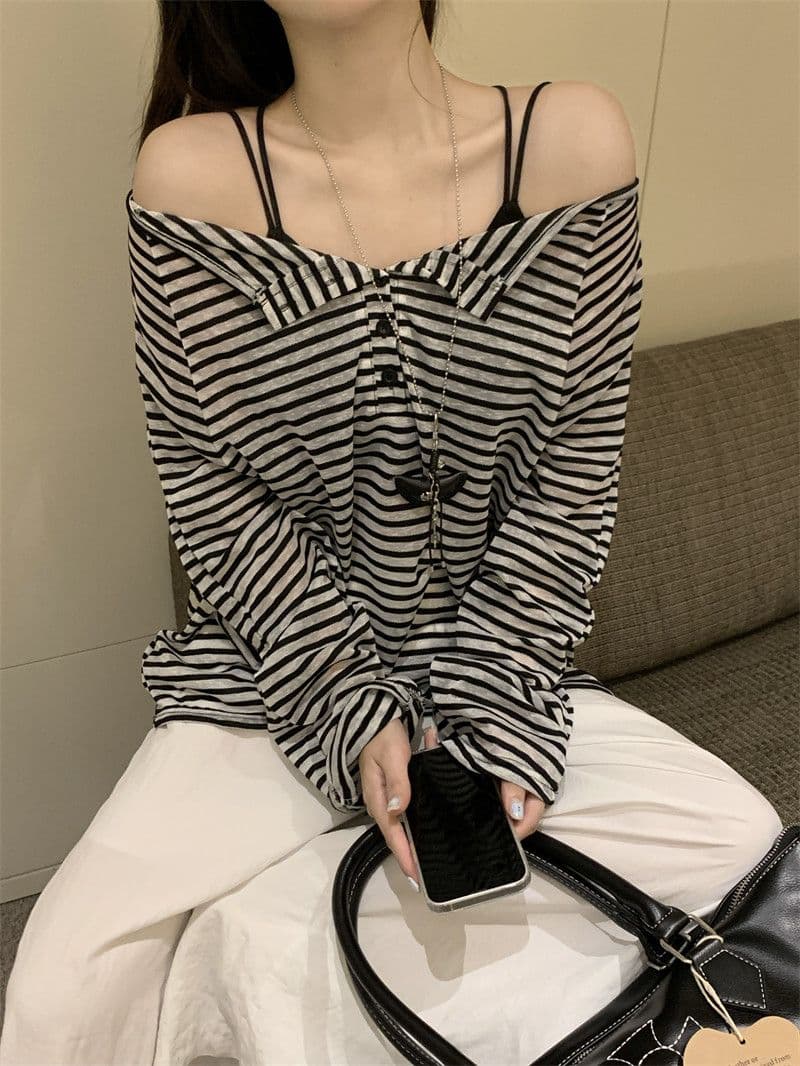 원본 것 라이 경기 서울 스트라이프 긴팔 티셔츠 얇은 스타일 자외선 차단 블라우스 루즈핏 오프숄더 맨위 한국 대외 무역 상세 이미지 11