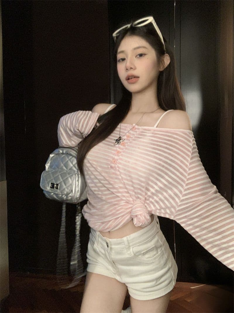 원본 것 라이 경기 서울 스트라이프 긴팔 티셔츠 얇은 스타일 자외선 차단 블라우스 루즈핏 오프숄더 맨위 한국 대외 무역 상세 이미지 15