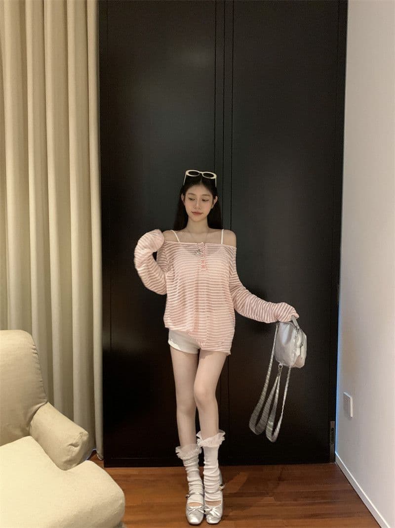 원본 것 라이 경기 서울 스트라이프 긴팔 티셔츠 얇은 스타일 자외선 차단 블라우스 루즈핏 오프숄더 맨위 한국 대외 무역 상세 이미지 20