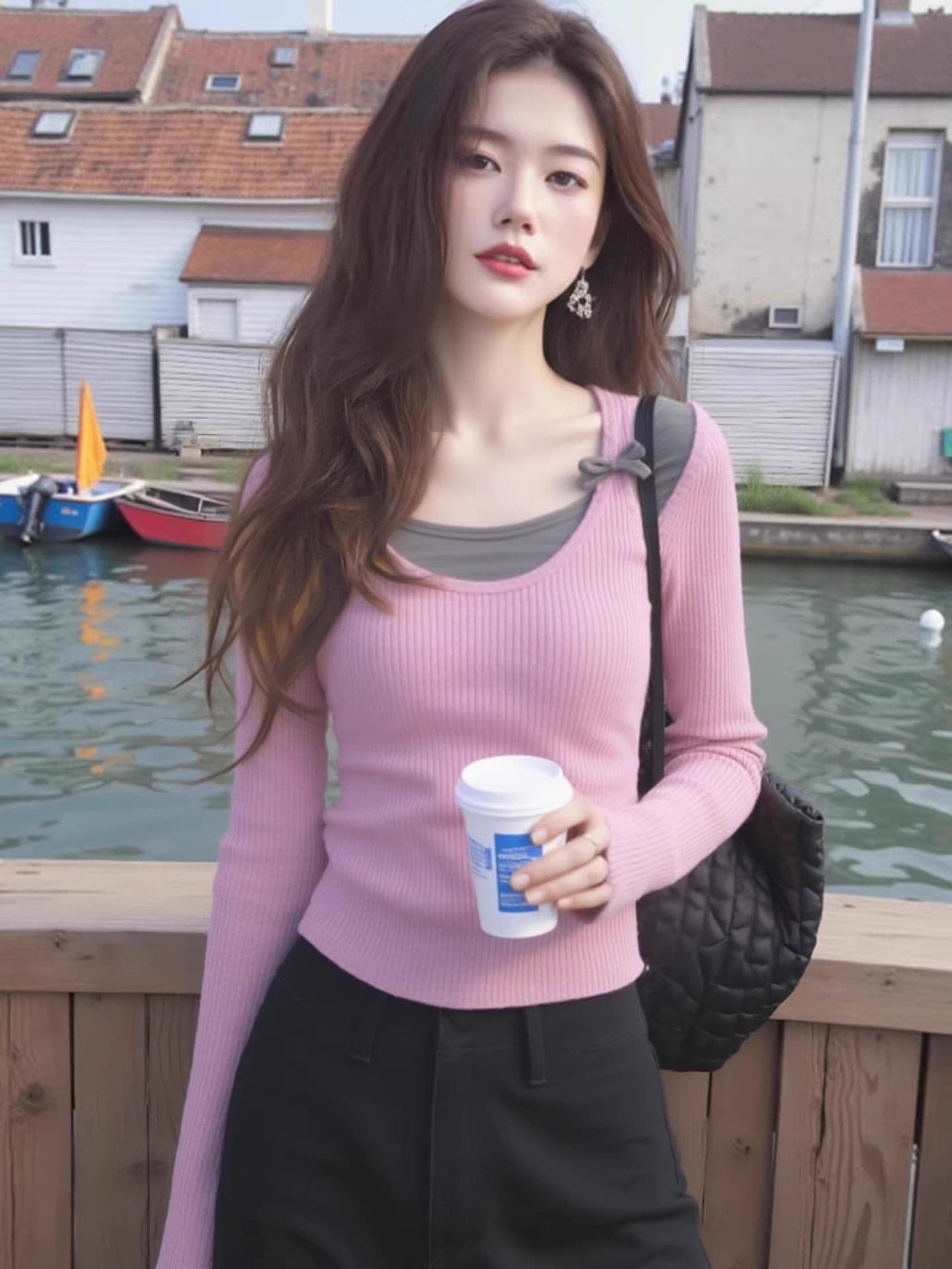 핑크색 페이크 레이어드 긴팔 티셔츠 여성 2026 새로운 이른 가을 몸매 가꾸기 슬림해 보이는 디자인 센스 니트 스웨터 만나는 맨위 상세 이미지 5