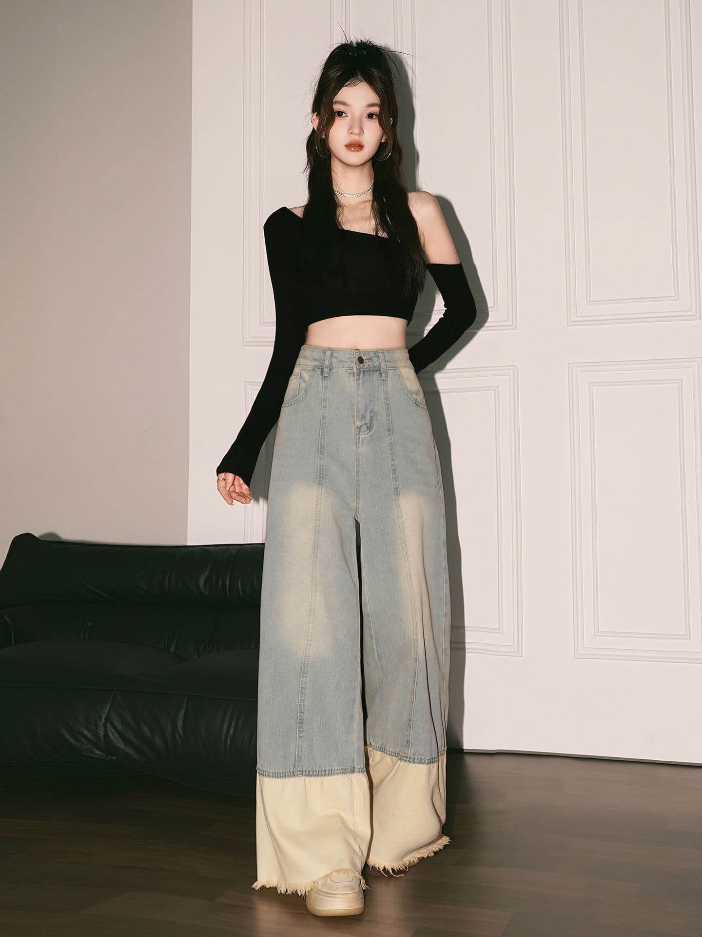 새로운 느긋한 바람 하이웨이스트 슬림해 보이는 루즈핏 넓은 다리 패치워크 청바지 여성 레저 스트레이트 긴 바지 한국 대외 무역 상세 이미지 7