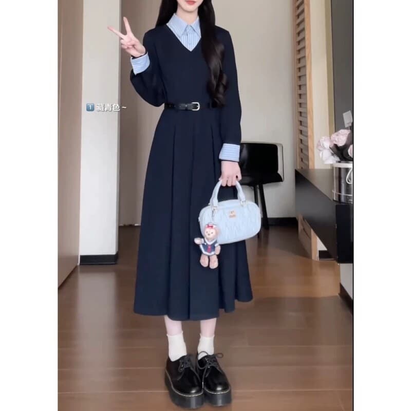 작은 대중 패치워크 섹션 해군 롱 스커트 스트라이프 셔츠 칼라 페이크 레이어드 v 칼라 몸매 가꾸기 슬림해 보이는 드레스 이미지 3