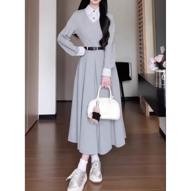 작은 대중 패치워크 섹션 해군 롱 스커트 스트라이프 셔츠 칼라 페이크 레이어드 v 칼라 몸매 가꾸기 슬림해 보이는 드레스 이미지 2