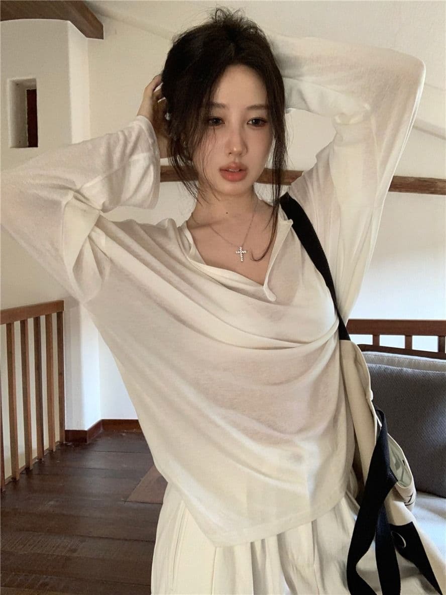 햇빛 플러시 원본 원단 시스루 얇은 스타일 V넥 긴팔 티셔츠 여성 봄 루즈핏 캐주얼 자외선 차단 블라우스 상세 이미지 10