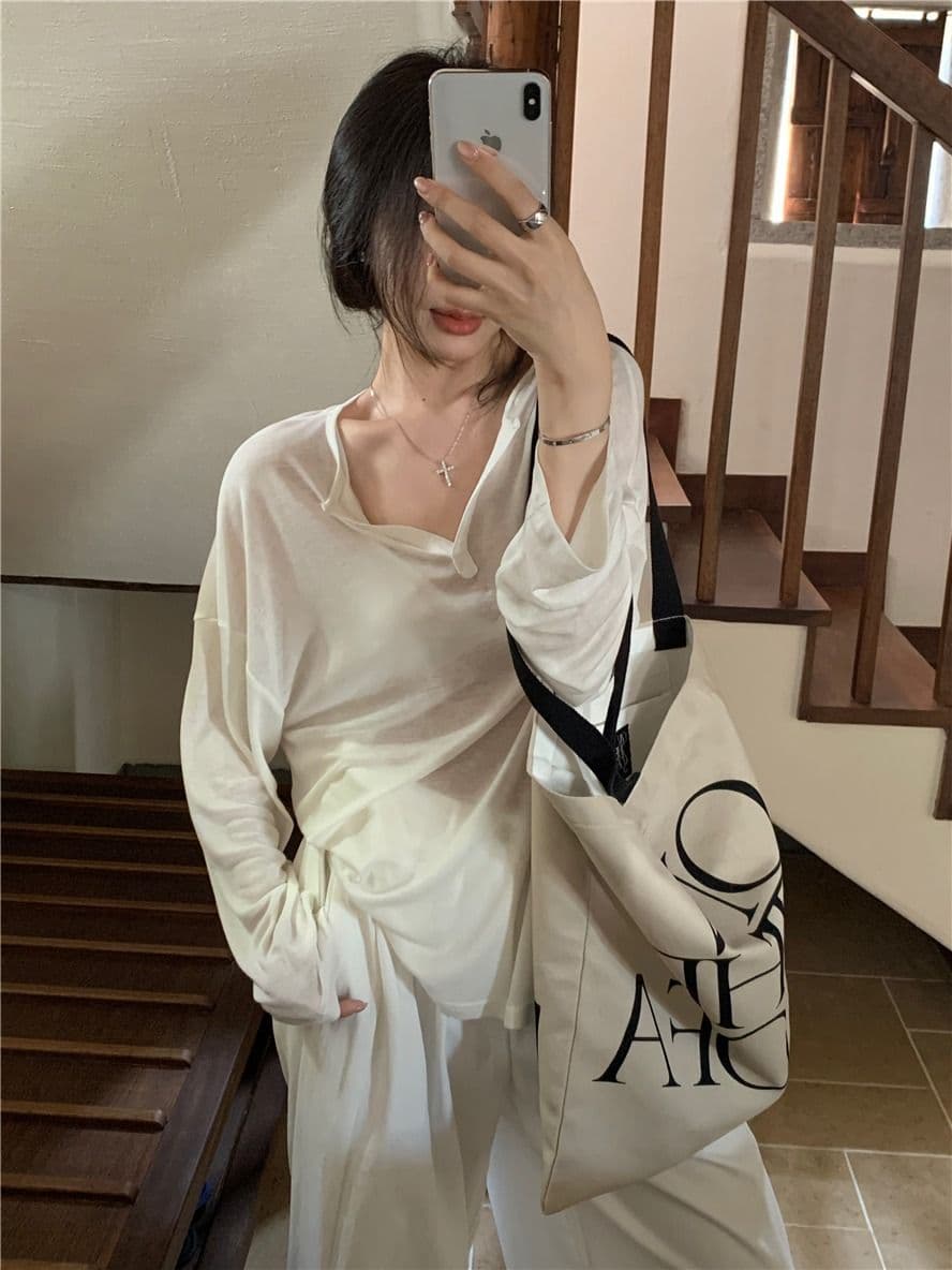 햇빛 플러시 원본 원단 시스루 얇은 스타일 V넥 긴팔 티셔츠 여성 봄 루즈핏 캐주얼 자외선 차단 블라우스 상세 이미지 12