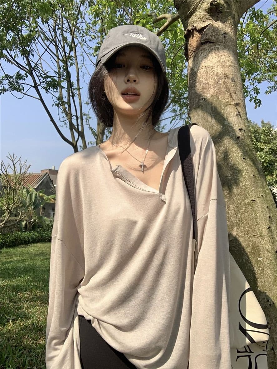 햇빛 플러시 원본 원단 시스루 얇은 스타일 V넥 긴팔 티셔츠 여성 봄 루즈핏 캐주얼 자외선 차단 블라우스 상세 이미지 15