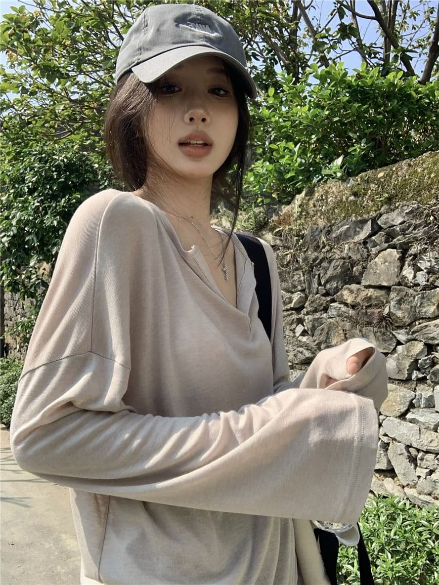 햇빛 플러시 원본 원단 시스루 얇은 스타일 V넥 긴팔 티셔츠 여성 봄 루즈핏 캐주얼 자외선 차단 블라우스 상세 이미지 20
