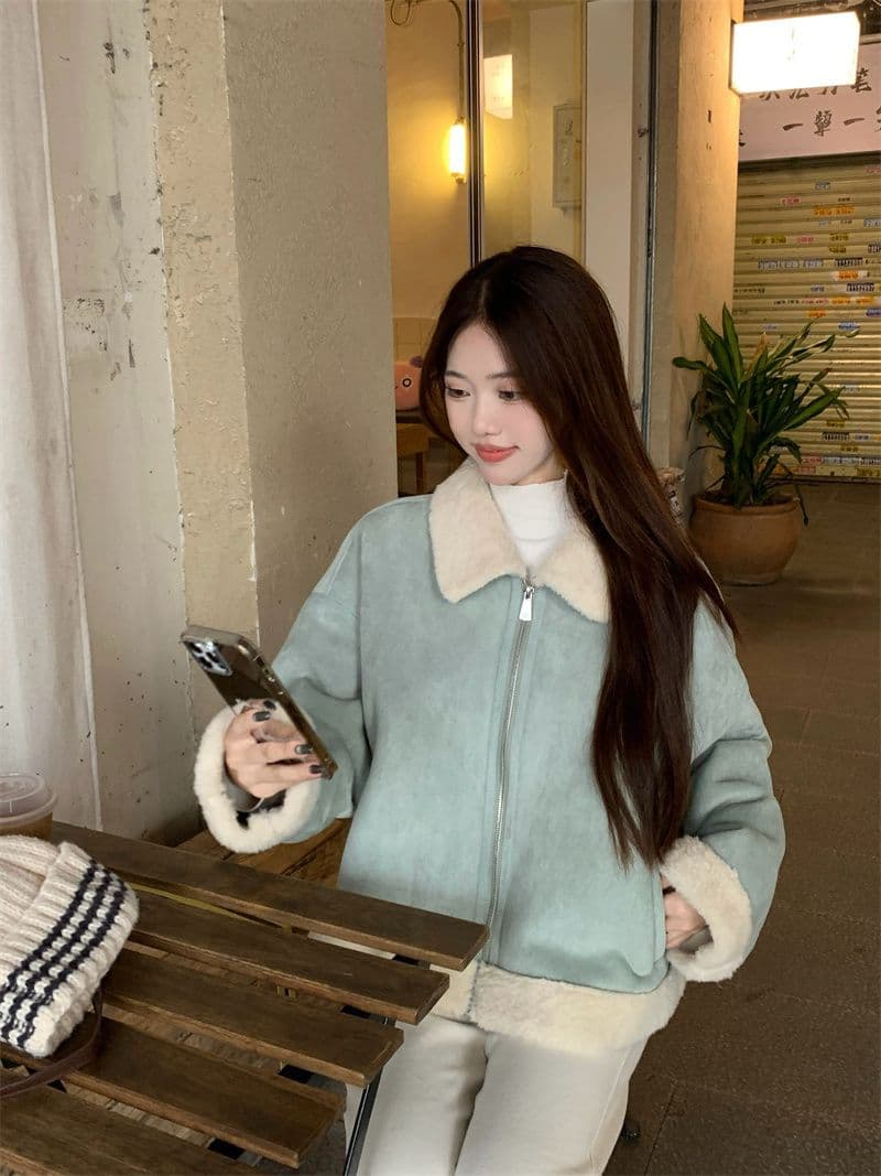 사슴 캐시미어 복합 양 타조 울 폴로 칼라 여성 코트 한국 스타일 겨울 두꺼운 피모 하나 보온 재킷 여성 재킷 상세 이미지 6