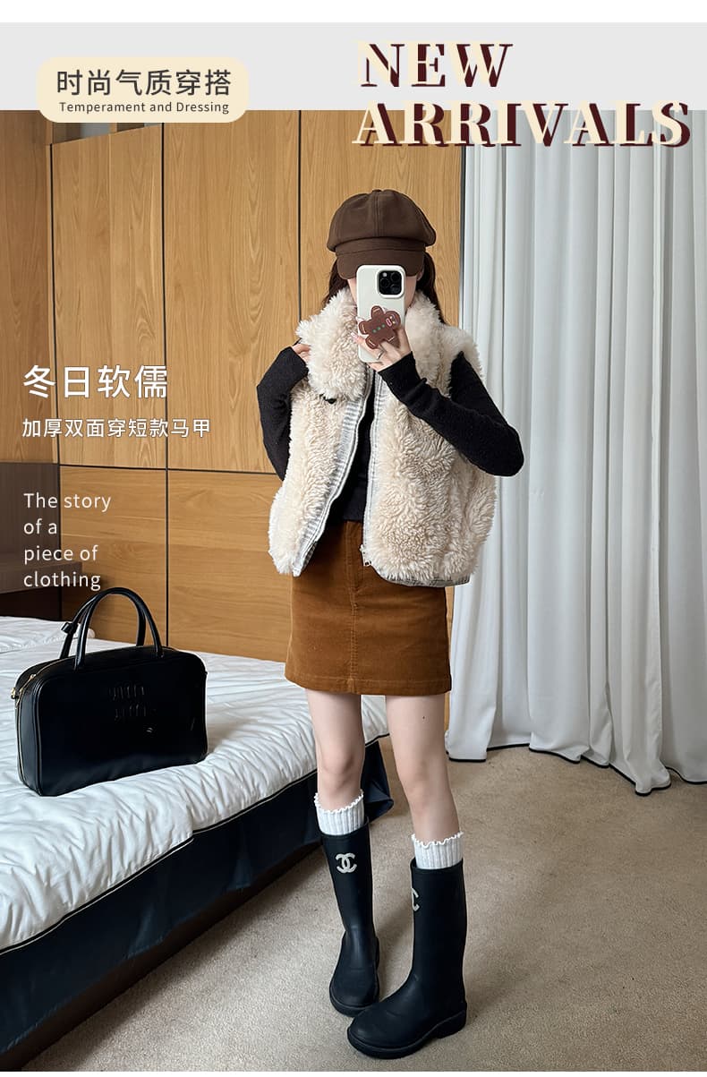 가을 겨울 새로운 양면 착용 천 그리드 버드 폴로 칼라 플리스 면 옷 베스트 조끼 여성 짧은 보온 한 부서 재킷 상세 이미지 1
