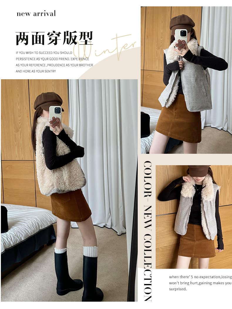 가을 겨울 새로운 양면 착용 천 그리드 버드 폴로 칼라 플리스 면 옷 베스트 조끼 여성 짧은 보온 한 부서 재킷 상세 이미지 6