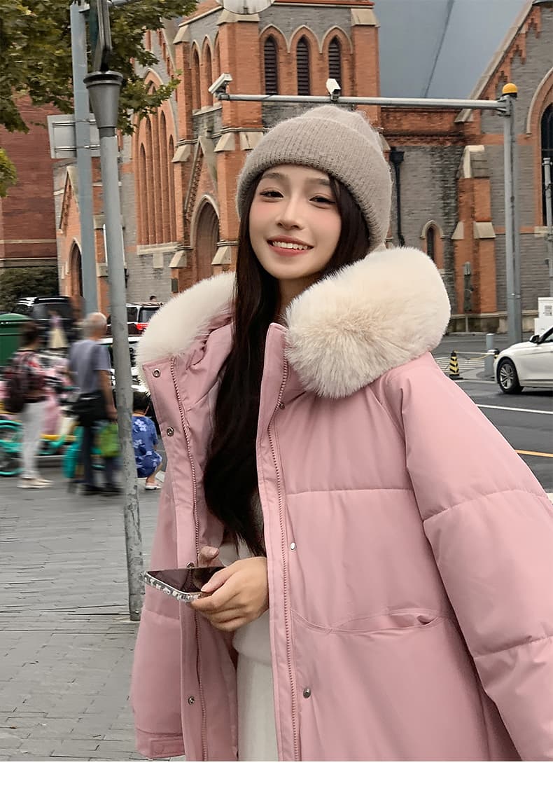 실사 후드 두꺼운 중간 길이 큰 모피 칼라 아래 면화 의류 여성 슬림해 보이는 재킷 보온 트렌디 겨울 면 옷 상세 이미지 17