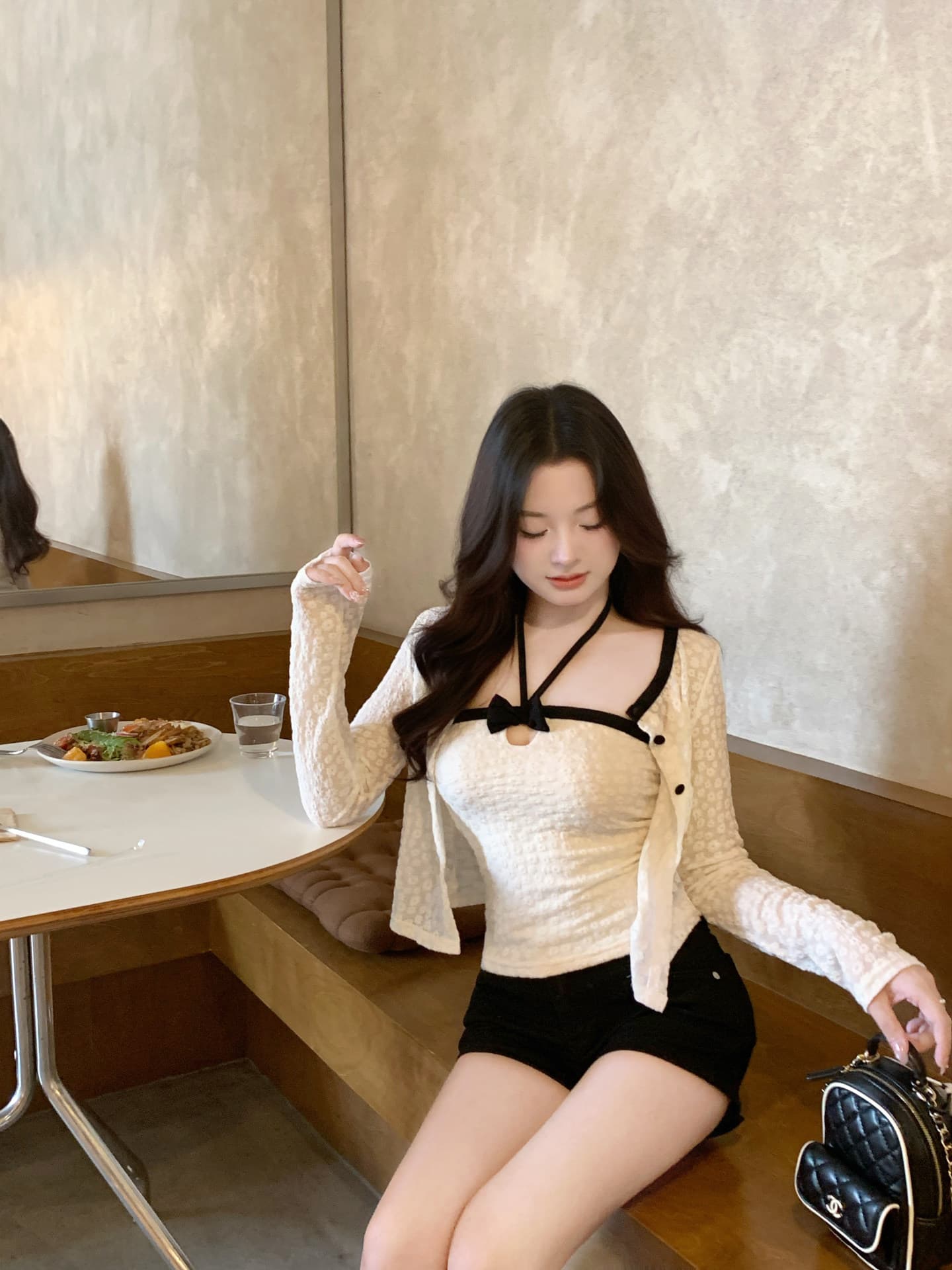 순수한 욕망 바람 세트 품격 무거운 작업 자카드 오픈 가디건 긴팔 재킷 여성 의류 가을 행침 목 캐미솔 투피스 세트 이미지 2