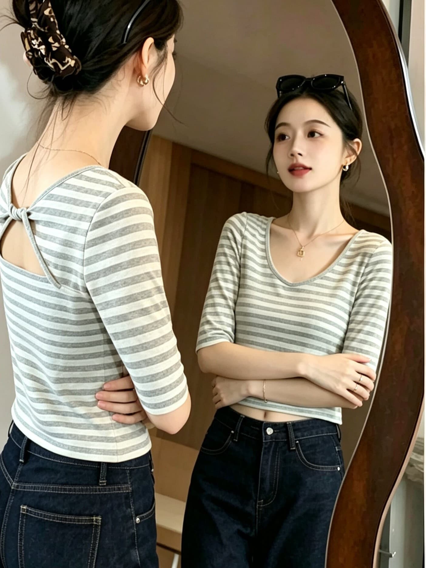 캐주얼 다용도 스트라이프 긍정적 인 어깨 중간 소매 티셔츠 여성 여름 가을 착용 가져 가라. 회색 스트라이프 디자인 센스 쇼트 스타일 백리스 맨위