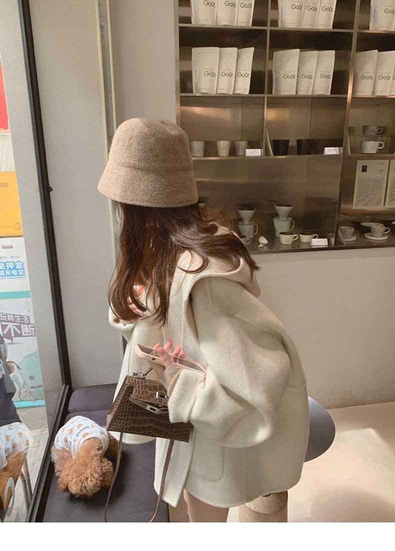 작은 샤넬 스타일 장미 핑크색 망토 모직 여성 코트 가을 겨울 2026 새로운 폭발 후드 양면 모직 코트 상세 이미지 13