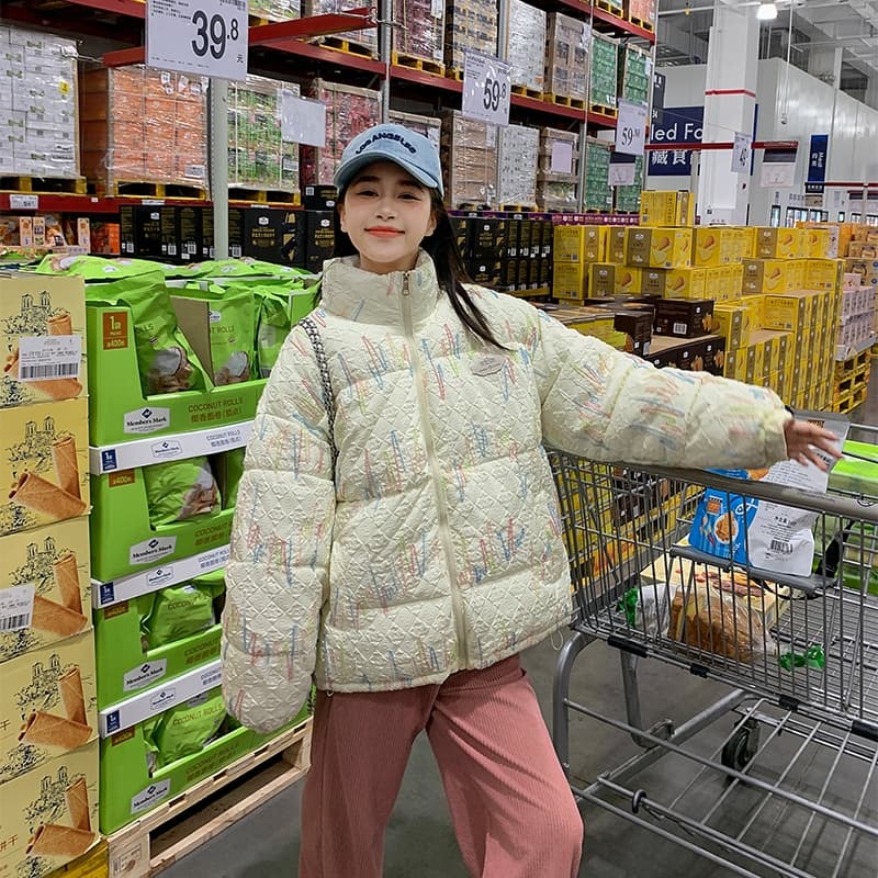 실사 무지개 압력 주름 새로운 아래 면화 의류 여성 짧은 한 부서 패션 루즈핏 학생 패딩 재킷 면 옷 재킷 이미지 3