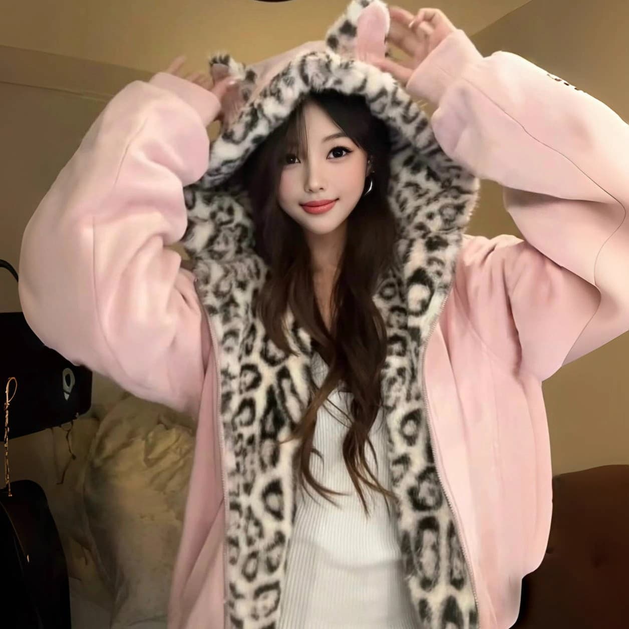 귀여운 귀 핑크색 레오파드 무늬 플리스 후드 티 스웨터 여자 가을 겨울 루즈핏 털이 있는 보온 지퍼 면 의류 재킷