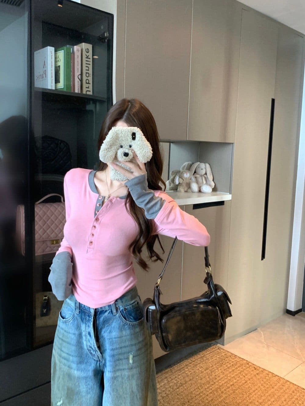 260 그램 사람들 면 핫걸 배색 페이크 레이어드 반 개방 칼라 허리 수축 긴팔 티셔츠 여성 슬림해 보이는 인사이드 가져 가라. 기본 셔츠 맨위 이미지 4
