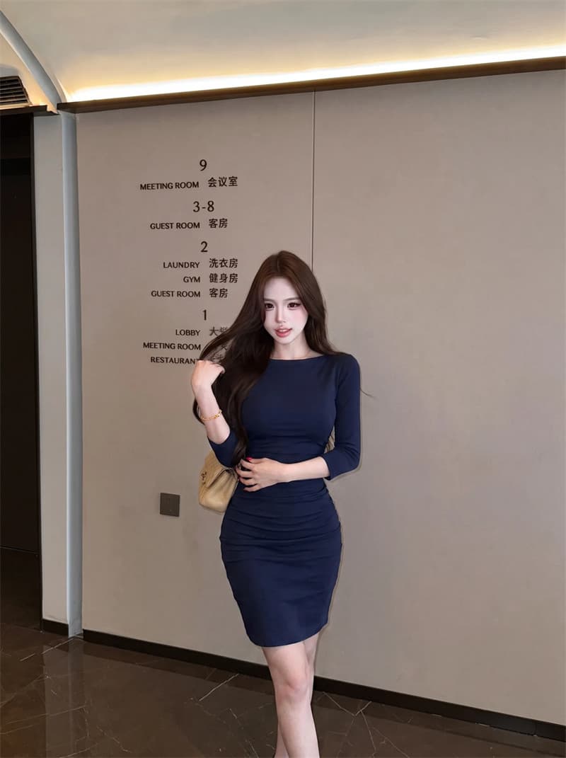 260 그램 사람들 면 회색 라운드 넥 7부 소매 여성 드레스 가을 순수한 욕망 슬림해 보이는 타이트 스커트 미니 스커트 몸매 가꾸기 치마 이미지 2
