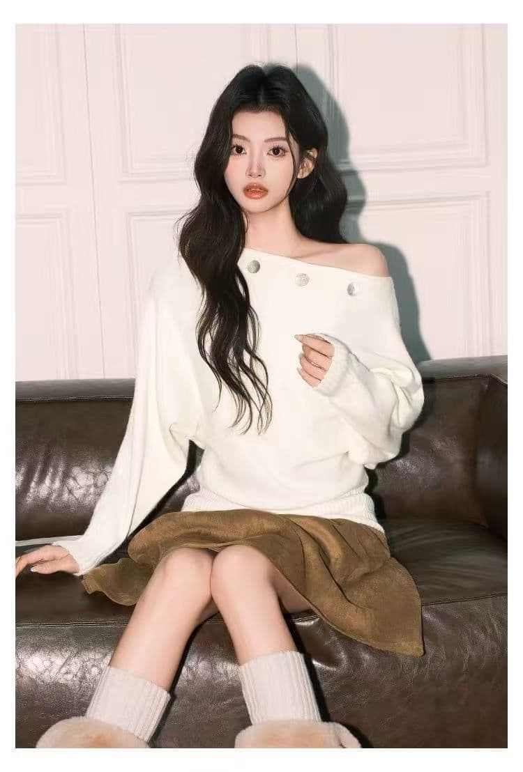 자이언트 잘 생긴 ~ 중 디자인 센스 오프숄더 니트 스웨터 여성 가을 새로운 루즈핏 긴팔 단추 장식 스웨터 맨위 상세 이미지 3