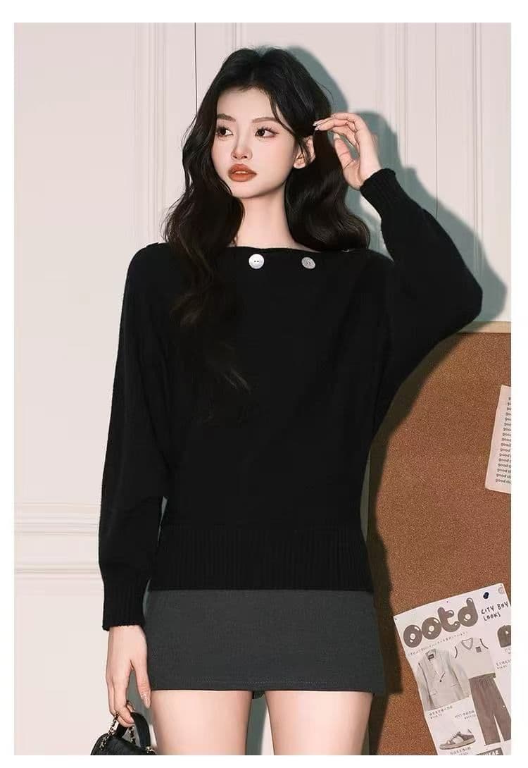 자이언트 잘 생긴 ~ 중 디자인 센스 오프숄더 니트 스웨터 여성 가을 새로운 루즈핏 긴팔 단추 장식 스웨터 맨위 상세 이미지 7