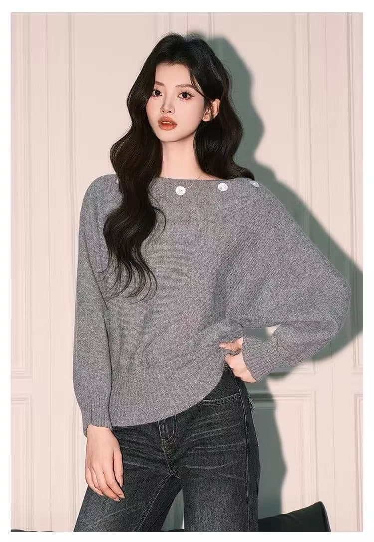 자이언트 잘 생긴 ~ 중 디자인 센스 오프숄더 니트 스웨터 여성 가을 새로운 루즈핏 긴팔 단추 장식 스웨터 맨위 상세 이미지 12
