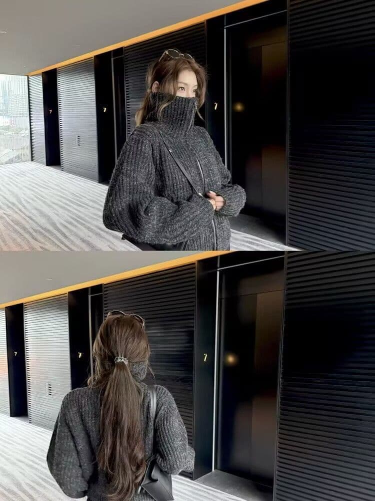 한 부서 레트로 지퍼 터틀넥 스웨터 여자 가을 겨울 느긋한 고급 센스 루즈핏 두꺼운 선 두꺼운 스타일 니트 카디건 코트