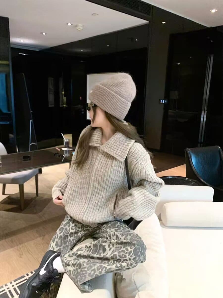 한 부서 레트로 지퍼 터틀넥 스웨터 여자 가을 겨울 느긋한 고급 센스 루즈핏 두꺼운 선 두꺼운 스타일 니트 카디건 코트 이미지 3