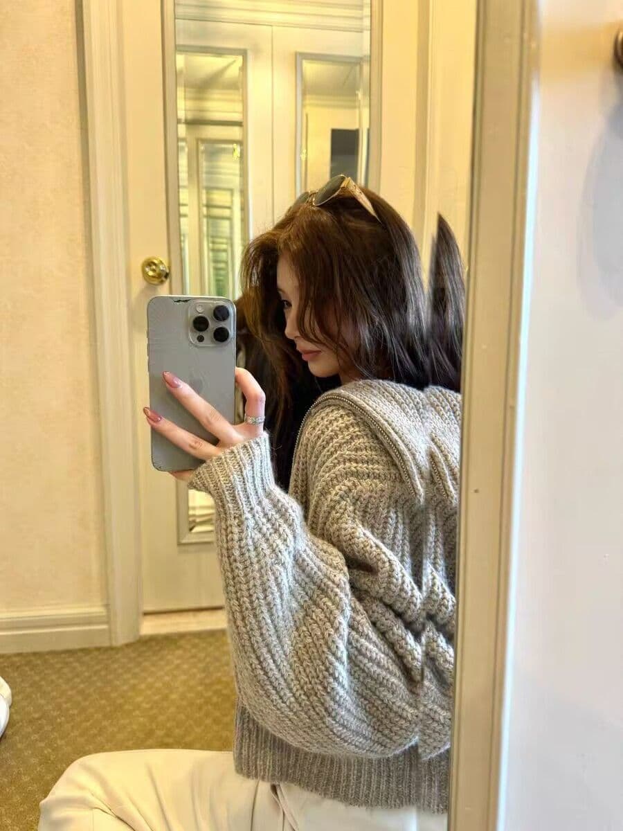 한 부서 레트로 지퍼 터틀넥 스웨터 여자 가을 겨울 느긋한 고급 센스 루즈핏 두꺼운 선 두꺼운 스타일 니트 카디건 코트 상세 이미지 4