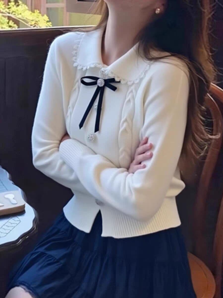 새로운 베이비 칼라 니트 스웨터 여성 레이스 나비 매듭 고급 프랑스식 맨위 한 부서 달콤함 한국 대외 무역 국경 간 상세 이미지 5