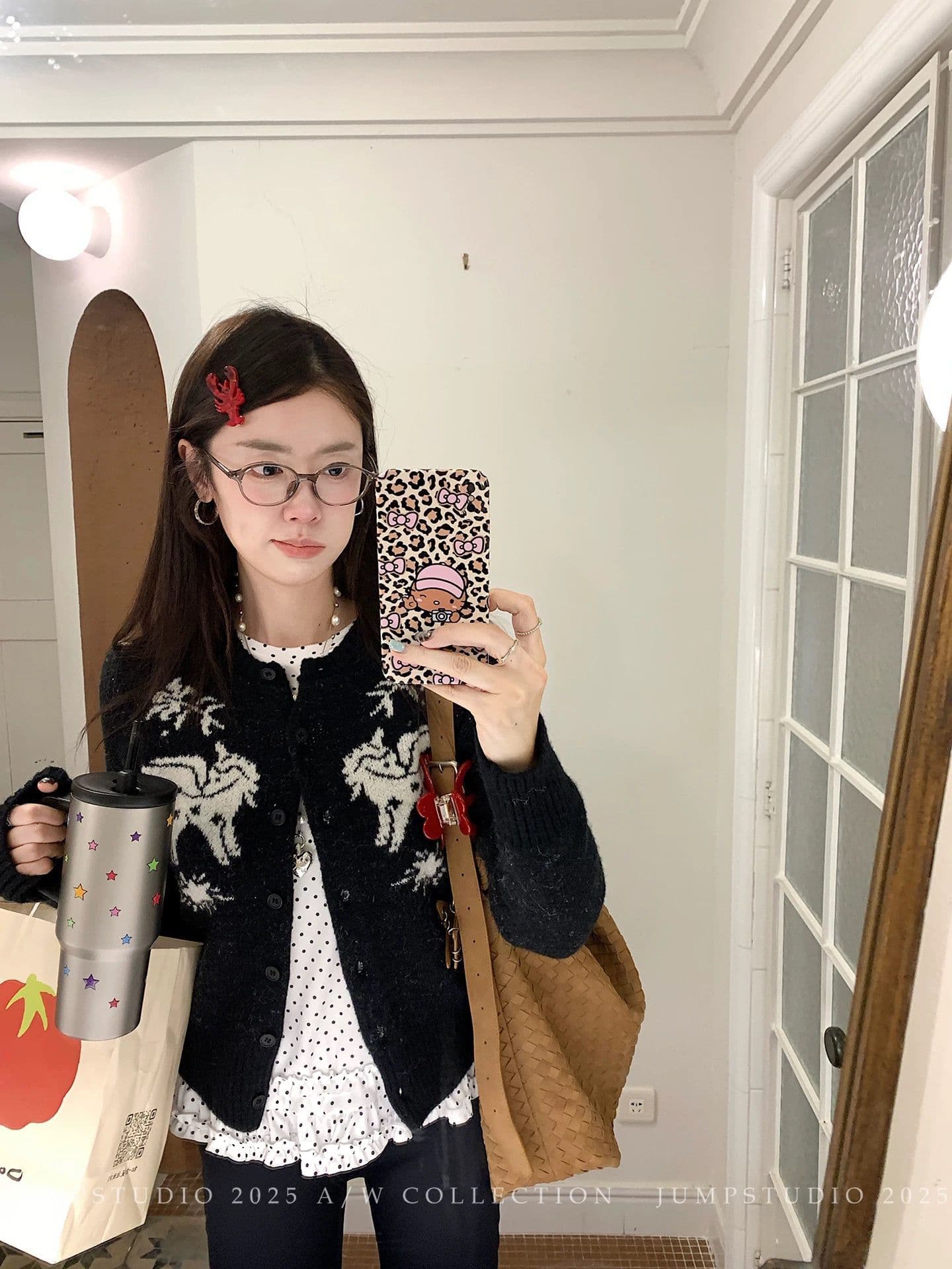 레트로 작은 말 자카드 라운드 넥 니트 오픈 가디건 여성 겨울 루즈핏 느긋한 스웨터 코트 한국 대외 무역 국경 간 상세 이미지 2