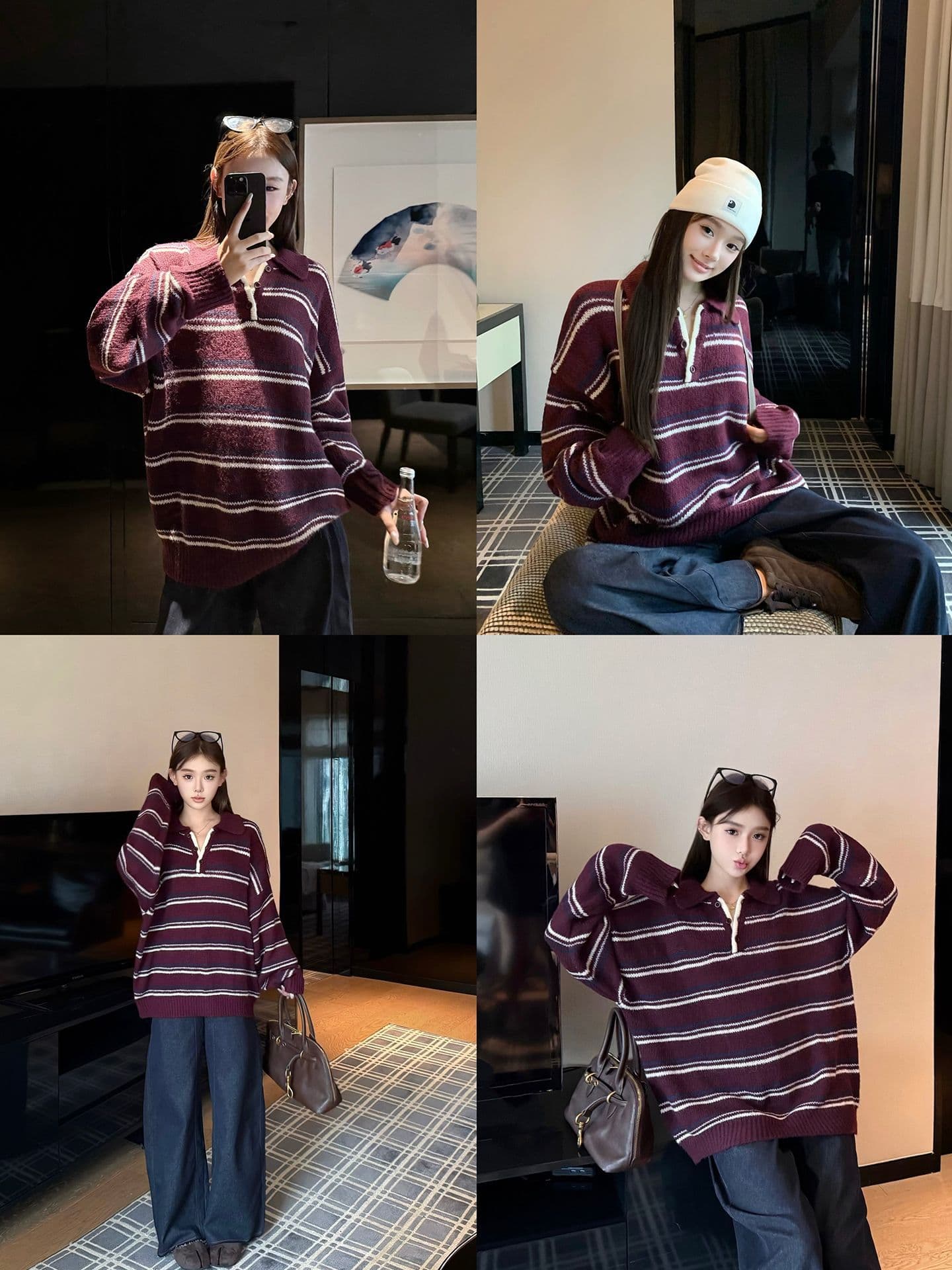 아메리칸 레트로 배색 스트라이프 oversize 폴로 칼라 디자인 센스 니트 풀오버 한 싱글 대외 무역 국경 간 이미지 4