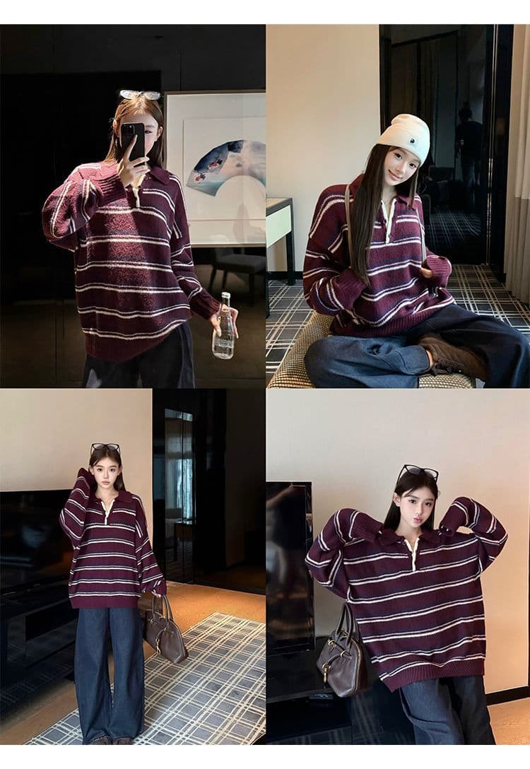 아메리칸 레트로 배색 스트라이프 oversize 폴로 칼라 디자인 센스 니트 풀오버 한 싱글 대외 무역 국경 간 상세 이미지 3