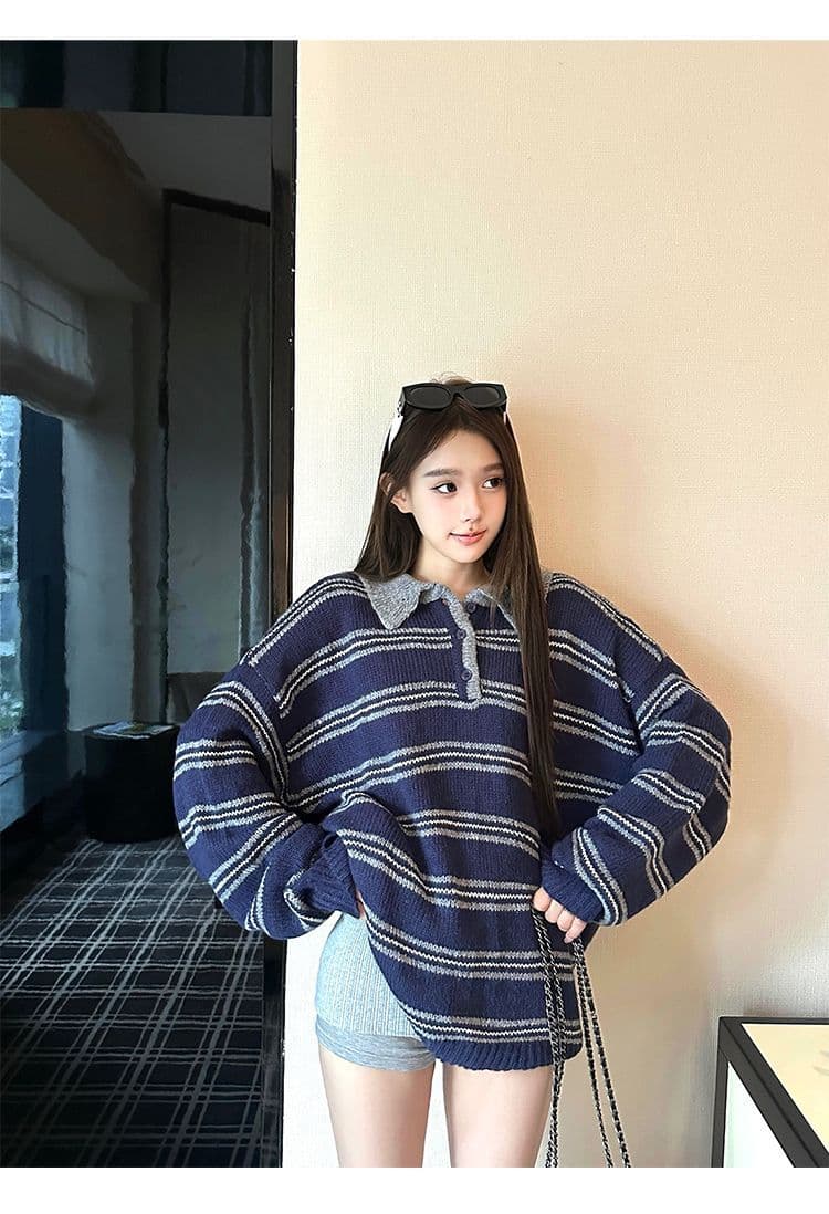 아메리칸 레트로 배색 스트라이프 oversize 폴로 칼라 디자인 센스 니트 풀오버 한 싱글 대외 무역 국경 간 상세 이미지 11