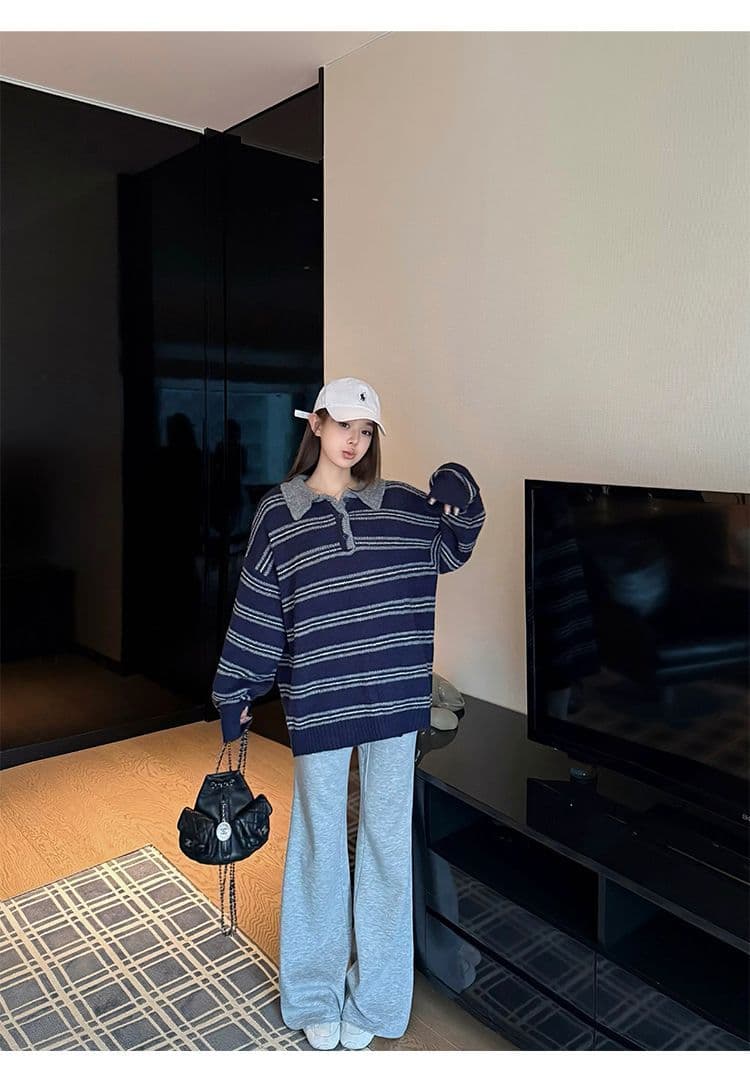아메리칸 레트로 배색 스트라이프 oversize 폴로 칼라 디자인 센스 니트 풀오버 한 싱글 대외 무역 국경 간 상세 이미지 12