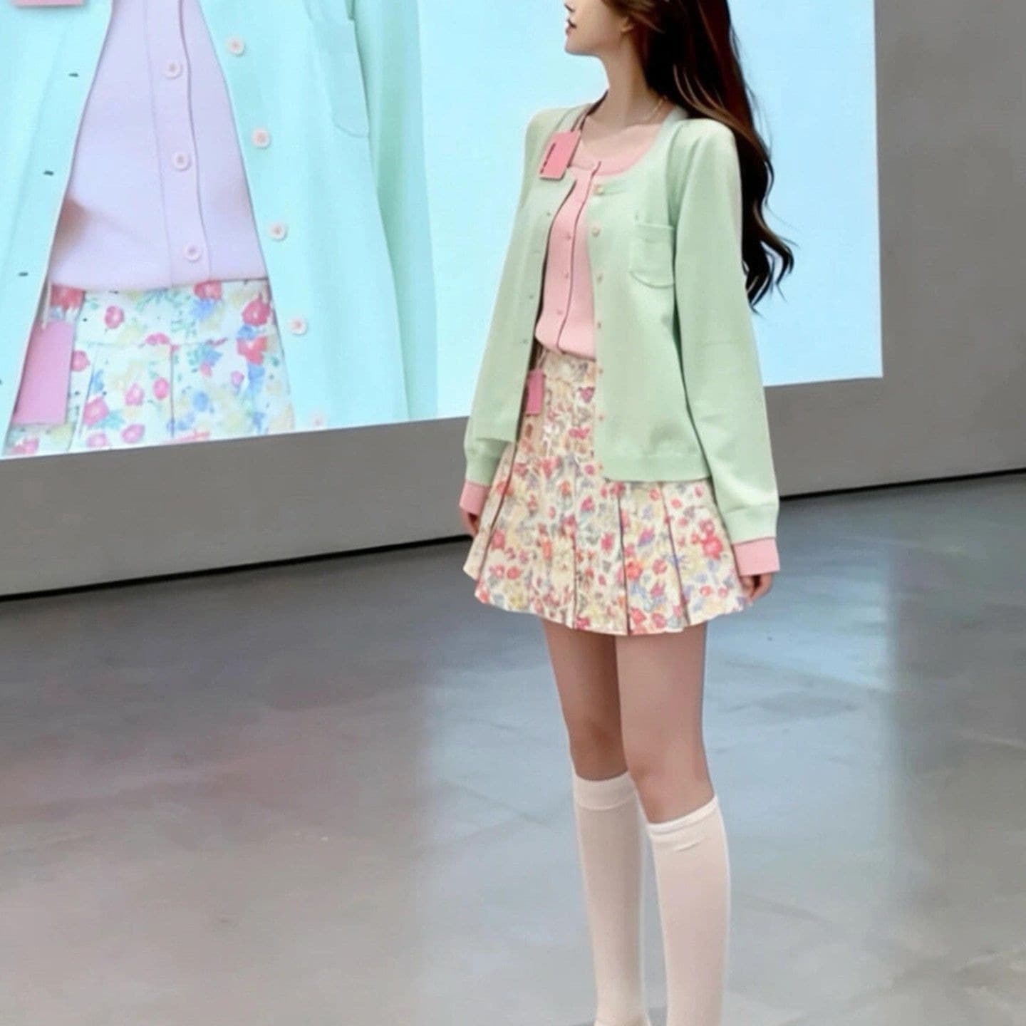 아메리칸 달콤한 스타일 녹색 핑크색 패치워크 페이크 레이어드 니트 오픈 가디건 여성 가을 겨울 몸매 가꾸기 고급 센스 스웨터 코트 트렌디 이미지 5