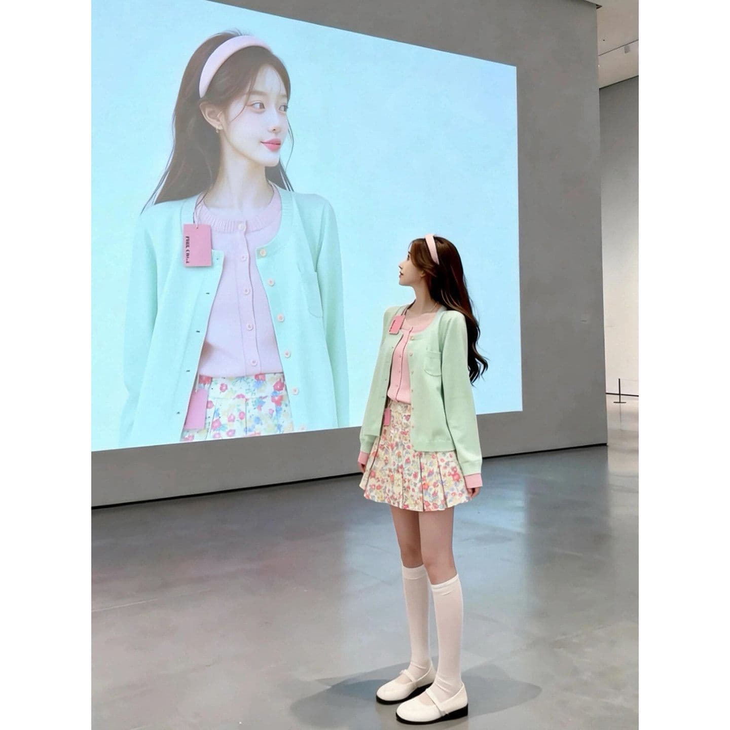 아메리칸 달콤한 스타일 녹색 핑크색 패치워크 페이크 레이어드 니트 오픈 가디건 여성 가을 겨울 몸매 가꾸기 고급 센스 스웨터 코트 트렌디 상세 이미지 1