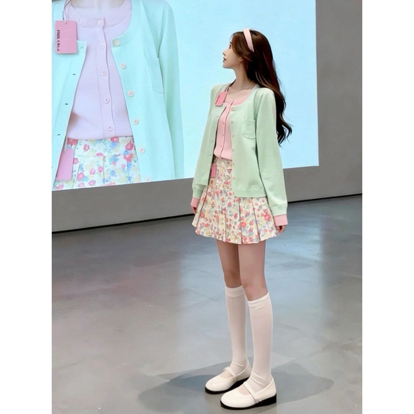 아메리칸 달콤한 스타일 녹색 핑크색 패치워크 페이크 레이어드 니트 오픈 가디건 여성 가을 겨울 몸매 가꾸기 고급 센스 스웨터 코트 트렌디 상세 이미지 2