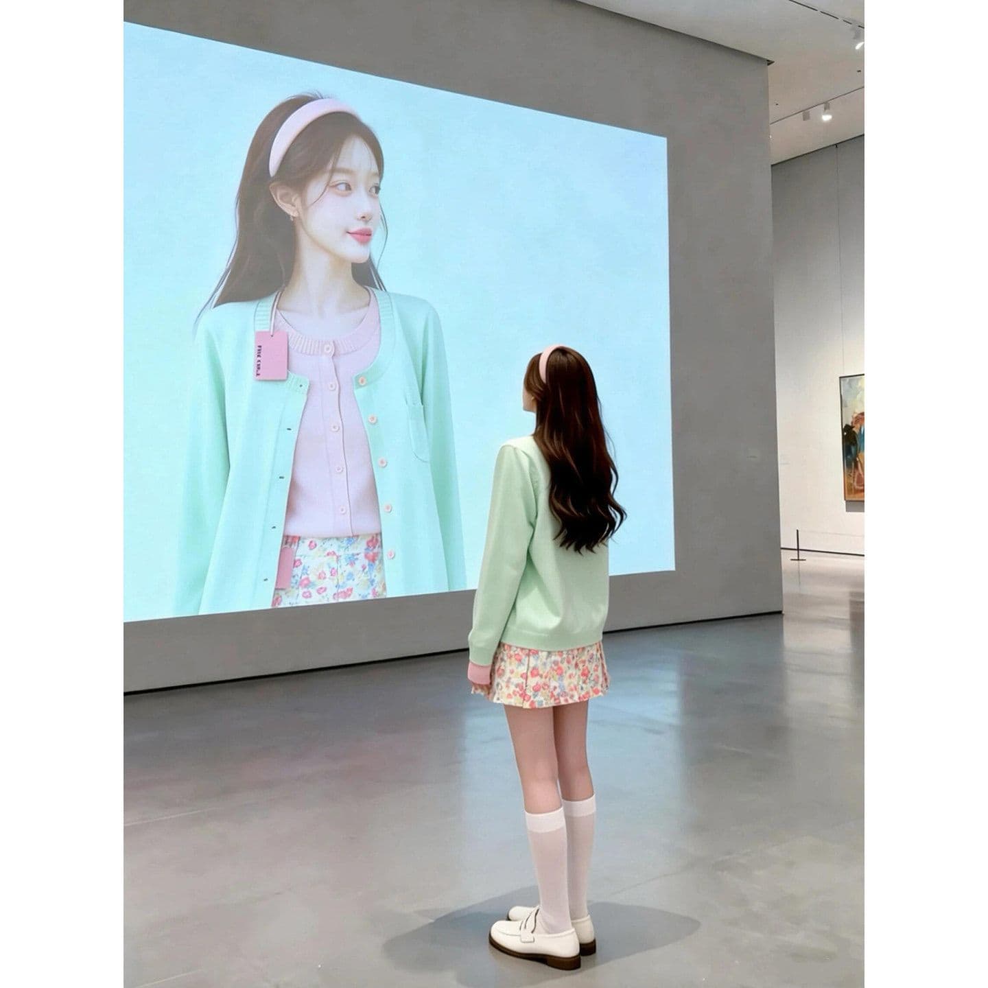 아메리칸 달콤한 스타일 녹색 핑크색 패치워크 페이크 레이어드 니트 오픈 가디건 여성 가을 겨울 몸매 가꾸기 고급 센스 스웨터 코트 트렌디 상세 이미지 3