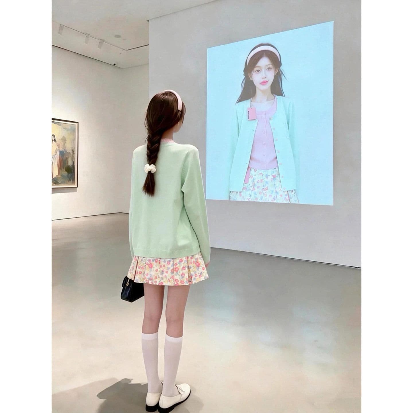 아메리칸 달콤한 스타일 녹색 핑크색 패치워크 페이크 레이어드 니트 오픈 가디건 여성 가을 겨울 몸매 가꾸기 고급 센스 스웨터 코트 트렌디 상세 이미지 4