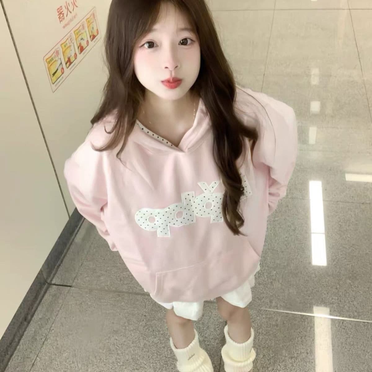 얇은 스타일 모자 인사이드 도트 무늬 자수 패치 이후 패키지 칼라 순수한 Mianhua 면 복합 후드티 여성 한국 대외 무역 이미지 5