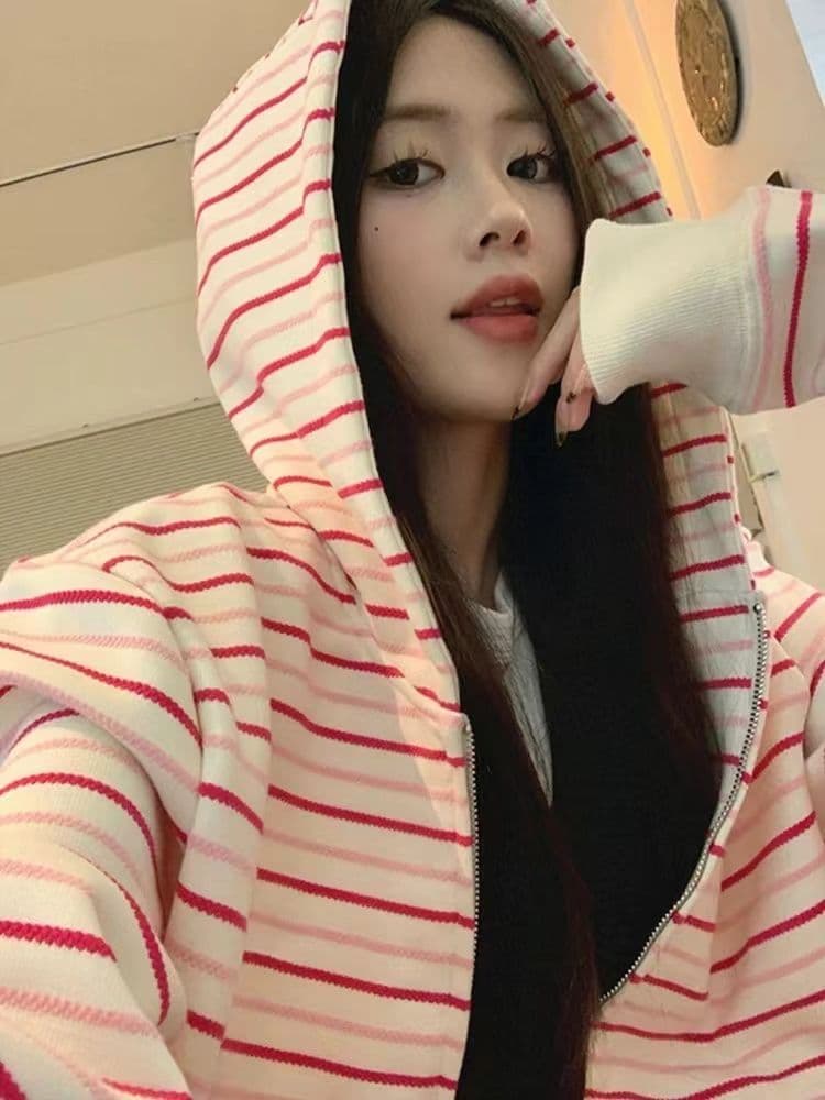 도파민 한국 스타일 후드 핑크색 스트라이프 긴팔 후드티 2026 폭발 루즈핏 다용도 중간 길이 얇은 스타일 오픈 가디건 상세 이미지 4
