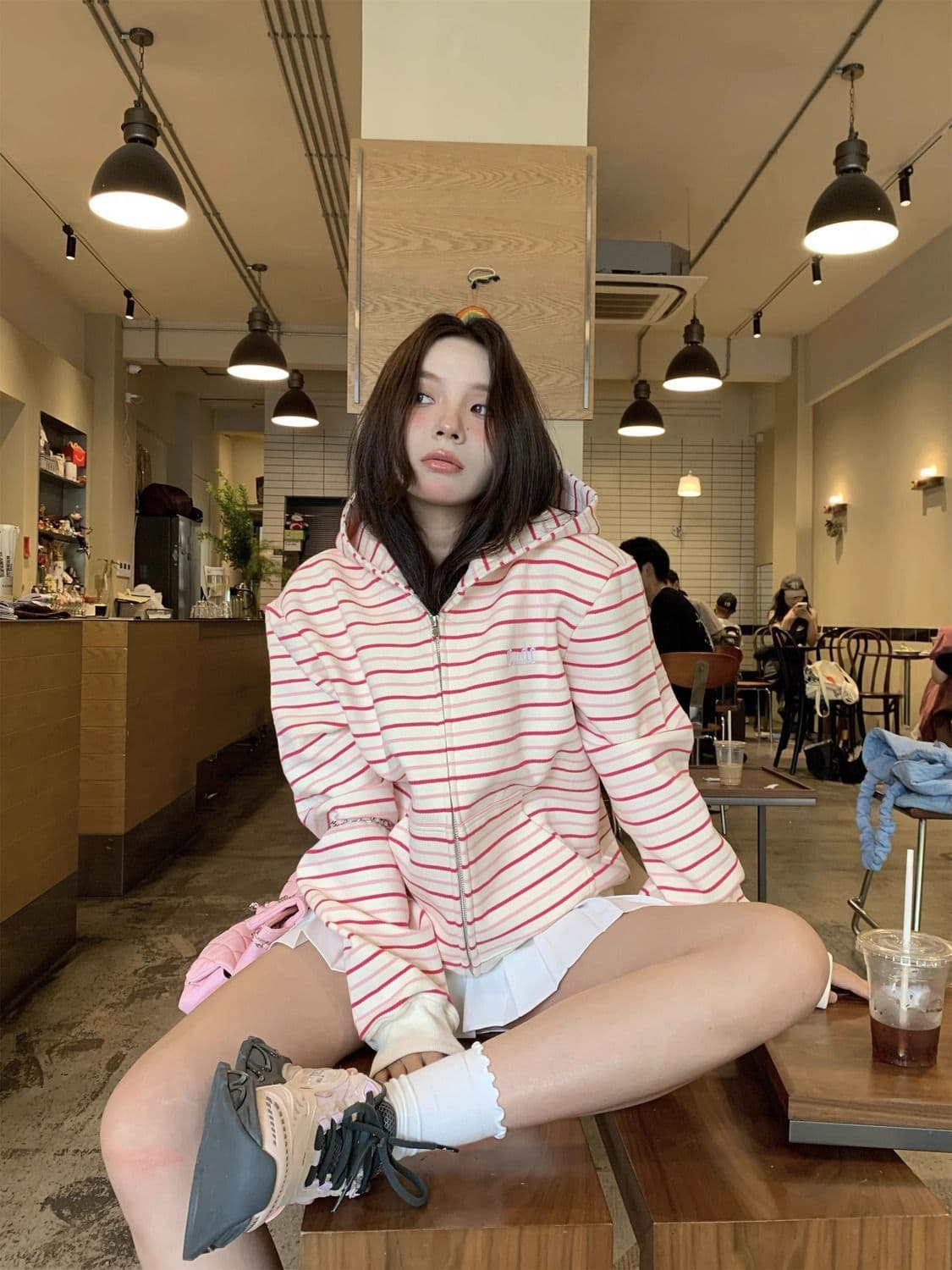 도파민 한국 스타일 후드 핑크색 스트라이프 긴팔 후드티 2026 폭발 루즈핏 다용도 중간 길이 얇은 스타일 오픈 가디건 상세 이미지 7