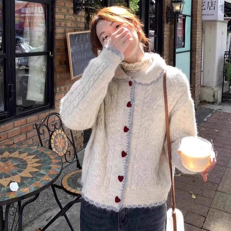 한 부서 달콤함 배색 베이비 칼라 꽈배기 스웨터 여자 가을 겨울 우유 씽 하는 소리 작은 키 부드러운 찹쌀 니트 카디건 코트 이미지 3