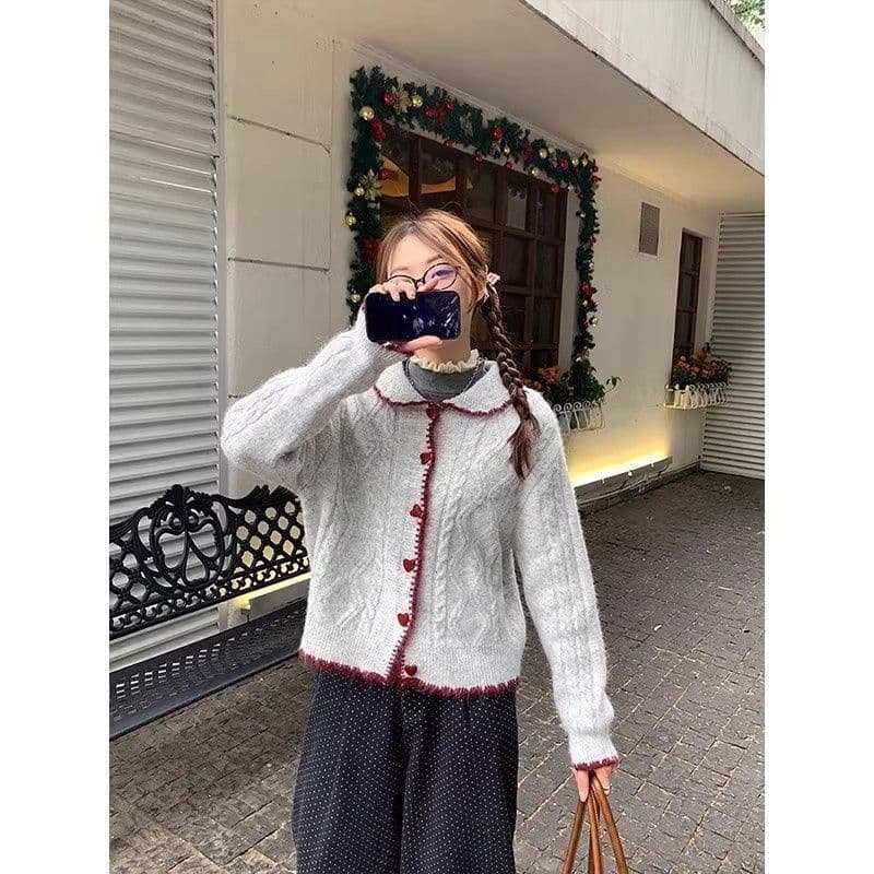 한 부서 달콤함 배색 베이비 칼라 꽈배기 스웨터 여자 가을 겨울 우유 씽 하는 소리 작은 키 부드러운 찹쌀 니트 카디건 코트 이미지 4
