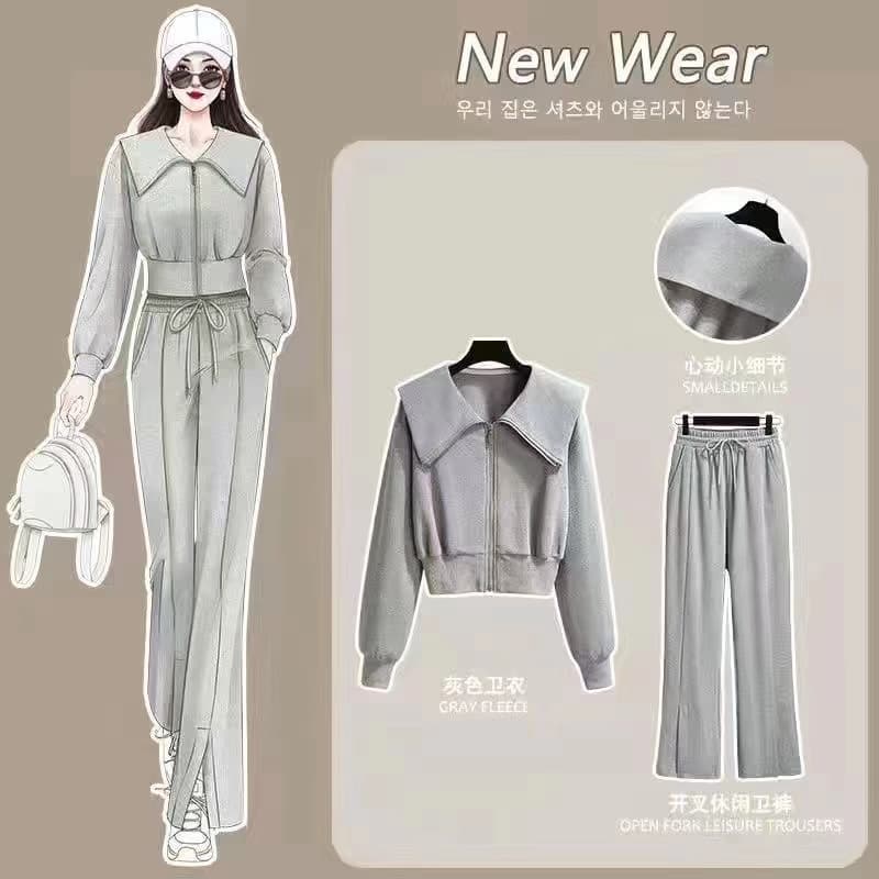 2026 년 새로운 긴팔 재킷 후드티 하이웨이스트 와이드 레그 팬츠 캐주얼 운동 패션 투피스 슈트 여성 ins 트렌디 상세 이미지 2