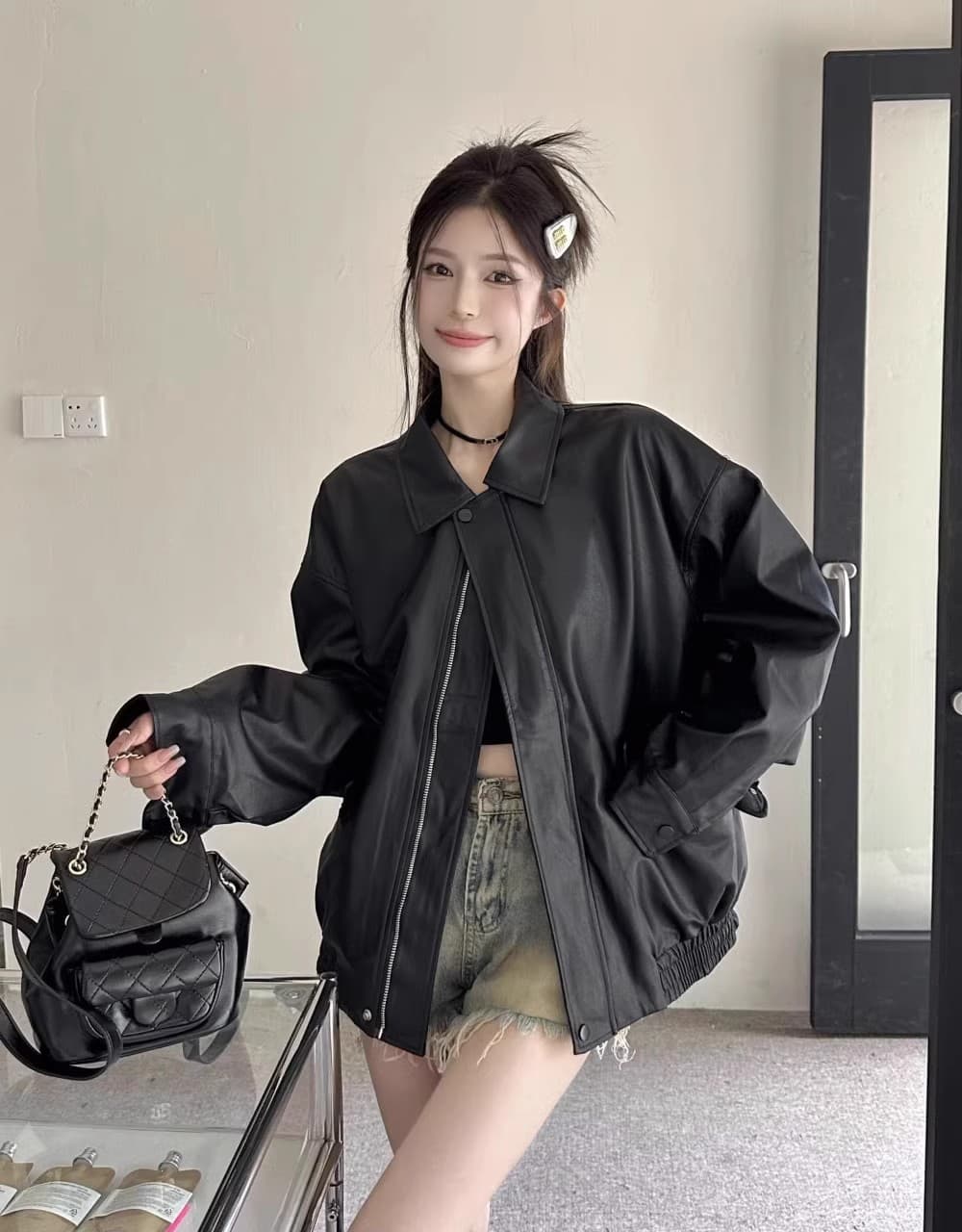 원본 것 아메리칸 레트로 가죽 재킷 재킷 여성 코트 가을 달콤한 차가운 바람 오토바이 PU 가죽 루즈핏 긴팔 맨위 이미지 2