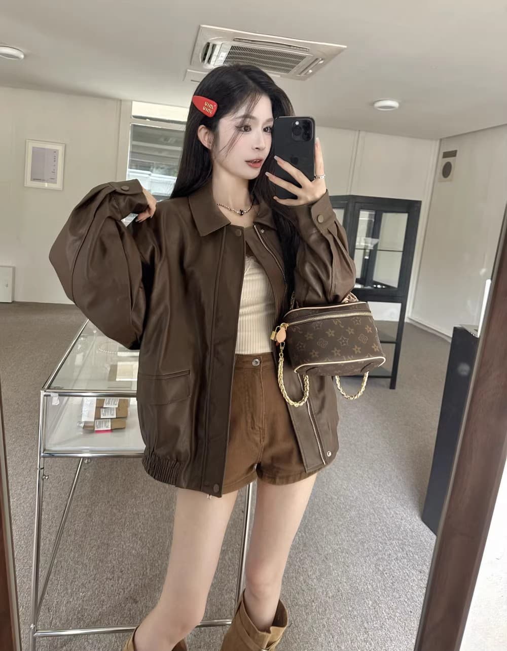원본 것 아메리칸 레트로 가죽 재킷 재킷 여성 코트 가을 달콤한 차가운 바람 오토바이 PU 가죽 루즈핏 긴팔 맨위 상세 이미지 14