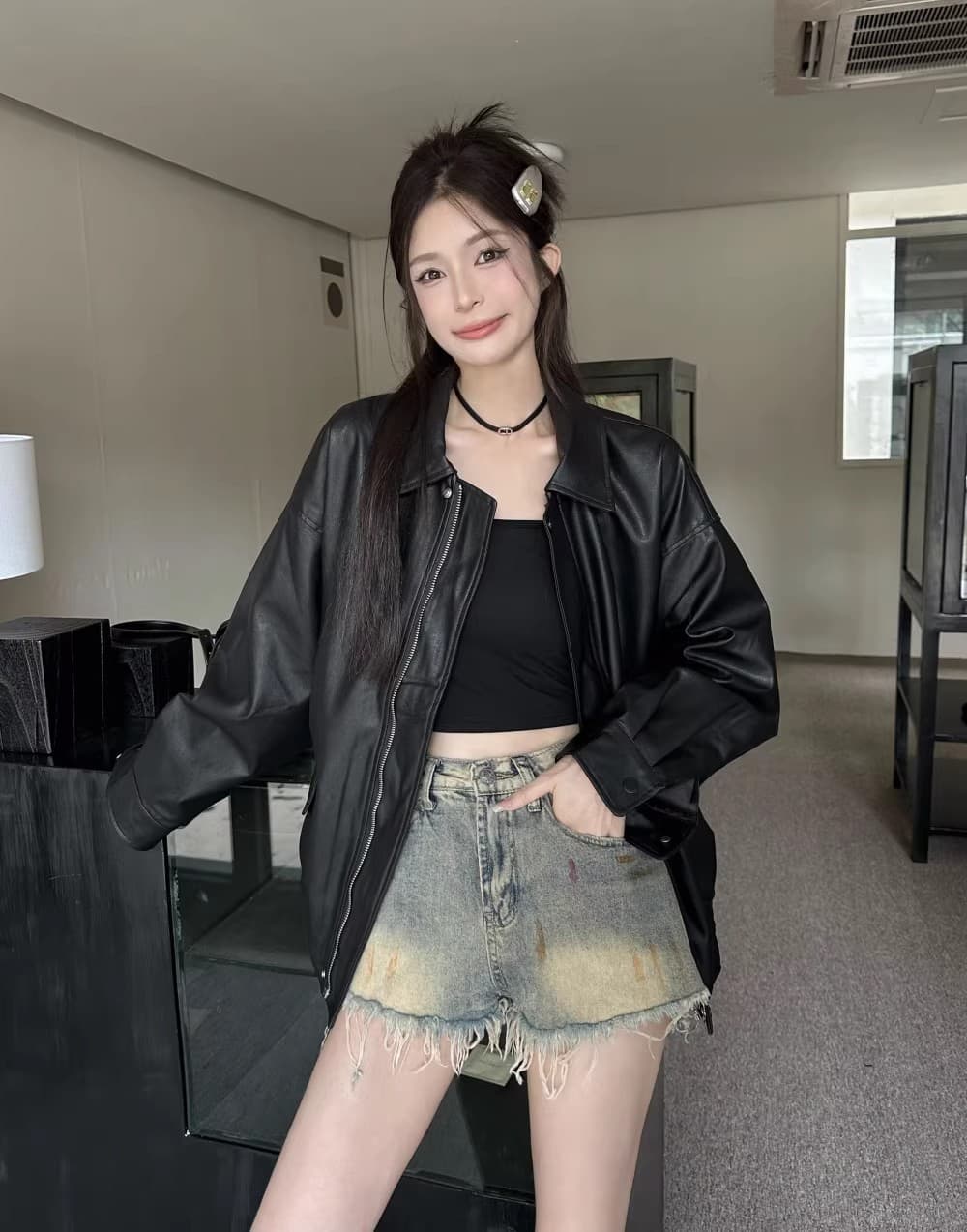 원본 것 아메리칸 레트로 가죽 재킷 재킷 여성 코트 가을 달콤한 차가운 바람 오토바이 PU 가죽 루즈핏 긴팔 맨위 상세 이미지 34