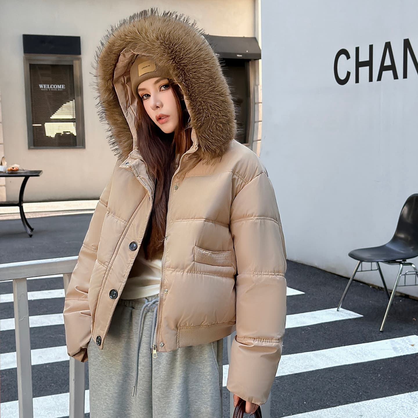 큰 모피 칼라 후드 아래 면화 의류 여성 겨울 새로운 작은 키 달콤함 보온 클립 목화 진딧물 두꺼운 재킷 이미지 4