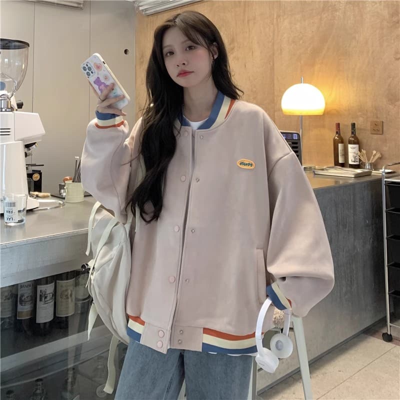 스웨이드 원단 복합 아메리칸 레트로 긴팔 야구 유니폼 여성 코트 가을 새로운 여성 외부 가져 가라. 오픈 가디건 맨위 상세 이미지 8